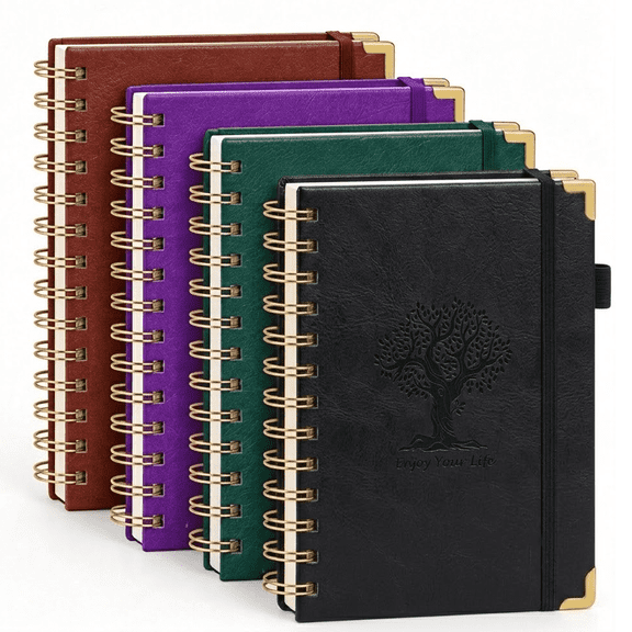 4-Pack PremiumA4 Hardcover Spiral Journal, Tree of Life PU Leather Notebook with 300 Pages, Elastic Band, Gold Corners, Inner Pocket & Pen Loop