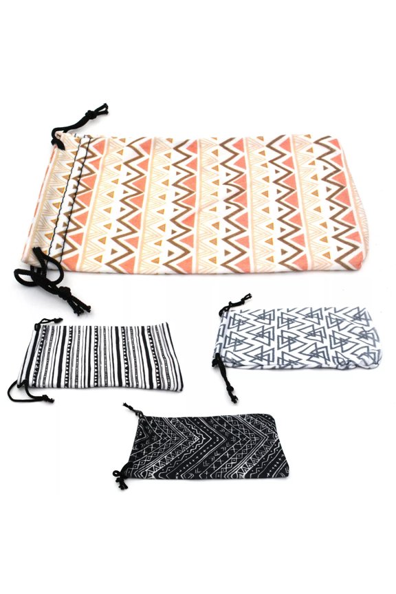 (4-Pack) Premium Drawstring Closure Tribal Print Microfiber Eyewear Pouch