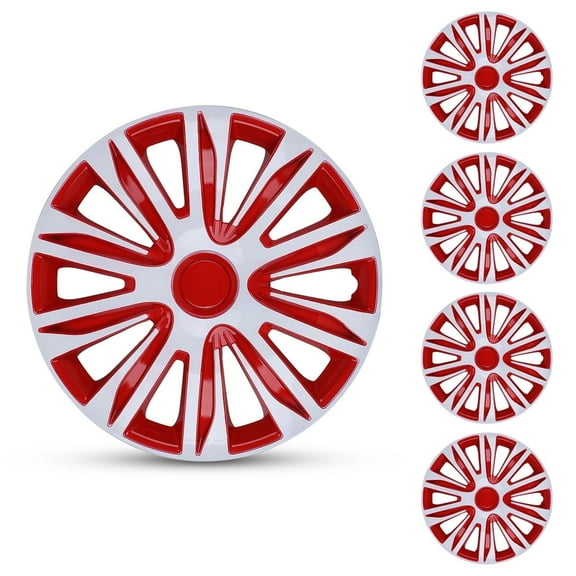 (4-Pack) Premium White & Red Hubcaps 14" Wheel Rim Cover Hub Caps Style Replacement Snap on Car Truck SUV - 14 inch Set