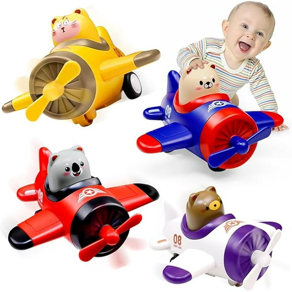 4 Pack Press and Go Airplane Toys for Toddlers 1-3, Baby Animal Racing Cars Toys,Push Airplane Toys for 12-18 Months, Christmas Birthday Gifts for 1-2 Years Old Boys