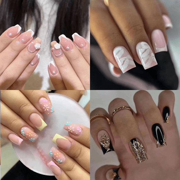 4-Pack Press on Nails - 96 Pieces Long-Wear, Glossy Finish, Quick Stick, No Glue Needed, Perfect for Dance, Party, Daily Wear, Fashionable Nail Art for Women/Girls