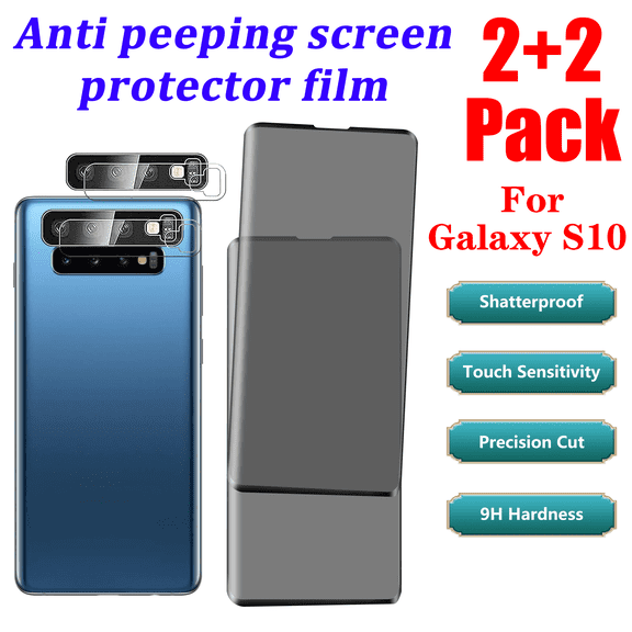 (4 Pack )Privacy Screen Protector Tempered Film For Samsung Galaxy S10(6.1 Inch) ,2 Pack Screen Protector Film + 2 Pack Camera Lens Protector, Bubble Free, Anti-Spy, Scratch-Resistant,9H hardness