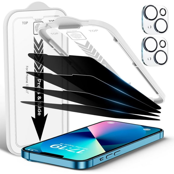 4 Pack Privacy Screen Protector for iPhone 13[6.1 inches] With 2 Pack Camera Lens Protector, [Drop Protection] 9H Hardness Scratch Resistant Tempered Glass Film, Easy to install