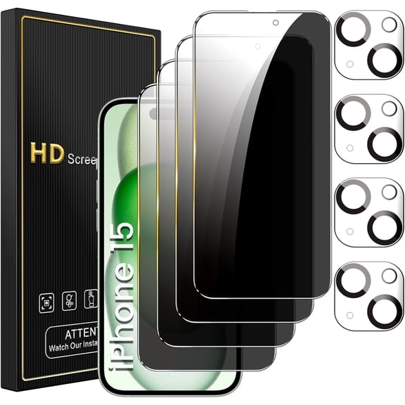 4 Pack Privacy Screen Protector for iPhone 15 6.1 Inch with 4 Pack Camera Lens Protector, Anti Spy Tempered Glass Film, Anti-Scratch, Touch Sensitive, Case Friendly