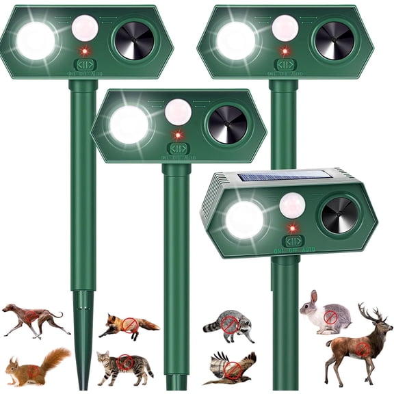 4 Pack Pro Solar Ultrasonic Animal Repellent,Outdoor Deer Repeller Devices with Motion Sensor Strobe Light for Squirrel Raccoon Rabbit Stray Cat,Farm Yard