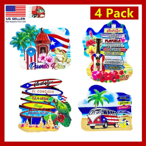 4 Pack Puerto Rico 3D Fridge Magnets, Resin Souvenir Set with Frog, Surfboard, Guitar, Mini Van & Castillo San Felipe del Morro, Puerto Rican Refrigerator Decorations, Travel Collectibles, Gift Set