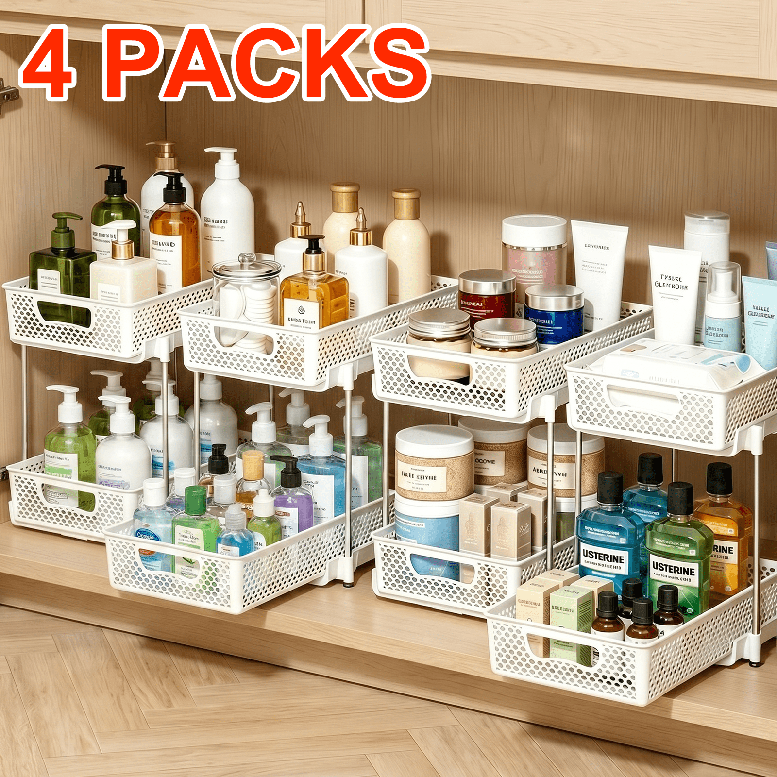 4 Pack Pull Out Bathroom Organizers and Storage, 2 Tier Stackable Under Sink Storage Organizer for Bathroom, Kitchen Cabinet, Pantry, and Medicine Holder, Organization and Storage - White