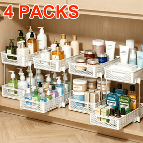 4 Pack Pull Out Bathroom Organizers and Storage, 2 Tier Stackable Under Sink Storage Organizer for Bathroom, Kitchen Cabinet, Pantry, and Medicine Holder, Organization and Storage - White