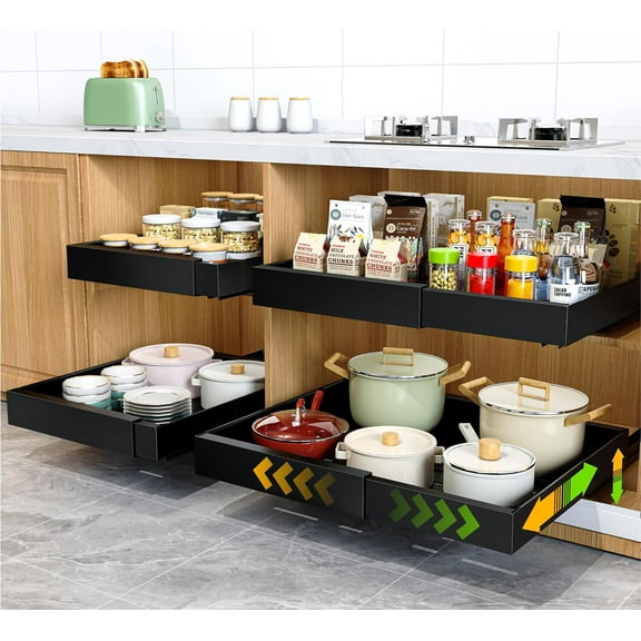 4 Pack Pull Out Cabinet Organizer 21" Deep Expandable Slide Out Drawer Organizers,No Drill Pull Out Drawers Adhesive with Nano Compatible Framed Cabinets Shelves For Kitchen Pantry Adjustable Width