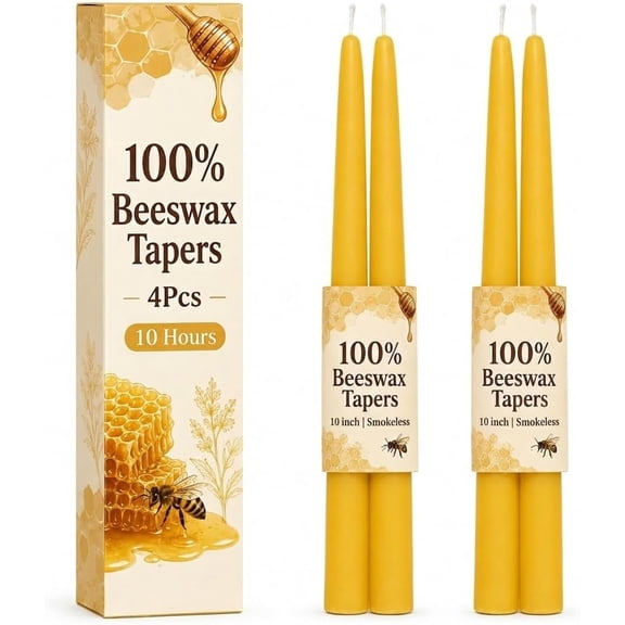 4 Pack Pure Beeswax Taper Candles, 10 Inch Beeswax Tall Candles 10Hours Long Burn - Smokeless & Dripless Candlesticks for Light, Dinner, Table Centerpieces, Home Decor