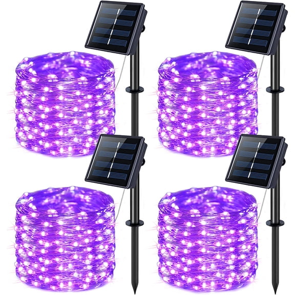 4 Pack Purple Solar String Lights Outdoor Waterproof, 100 LED 33ft Purple Solar Fairy Lights, 8 Modes Copper Wire Christmas Light for Halloween Christmas Garden Yard Tree Decor