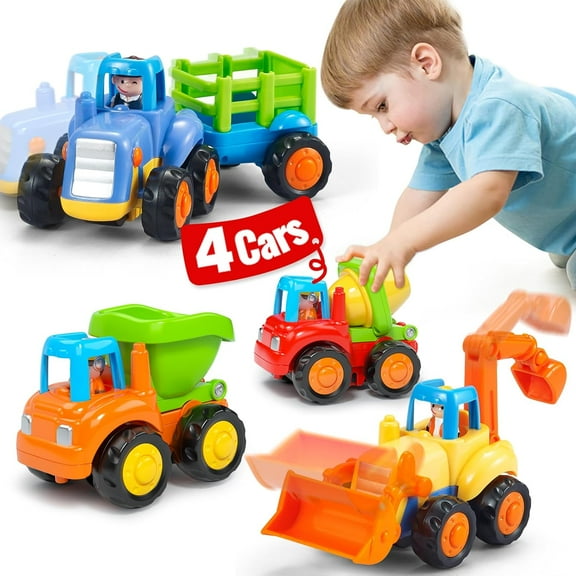 4 Pack Push and Go Friction Powered Cars Construction Vehicles Toy Set Tractor Bulldozer Mixer Truck Dumper for 1 2 3 Year Old Baby Toddlers Boys Gift