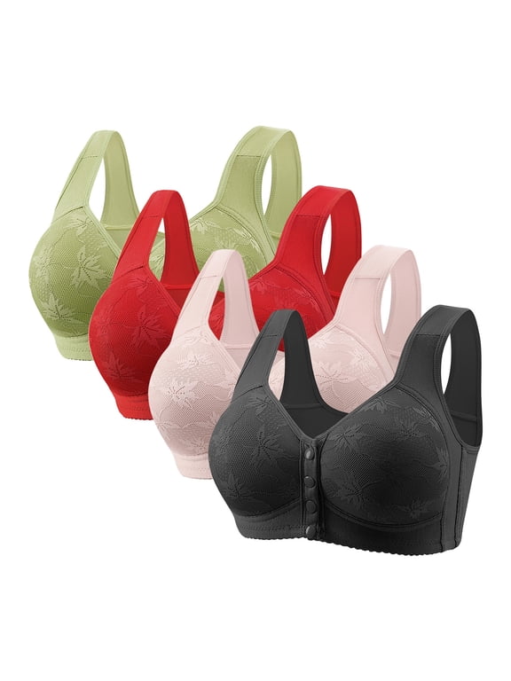 4 Pack Push Up Bras for Women No Underwire Soft Supportive Front Closure Underwear Comfortable Full Coverage Lace Bralette