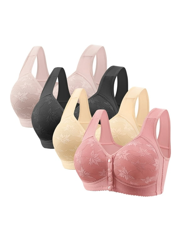 4 Pack Push Up Bras for Women No Underwire Soft Supportive Front Closure Underwear Comfortable Full Coverage Lace Bralette