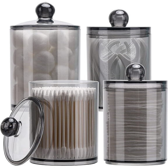 4 Pack Qtip Holder 10-Ounce, 12-Ounce Bathroom Organizer Accessories Storage Containers Plastic Apothecary Jars with Lids for Cotton Ball, Cotton Swab, Floss, Black