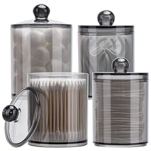 4 Pack Qtip Holder 10-Ounce 12-Ounce Bathroom Organizer Accessories Storage Containers Plastic Apothecary Jars with Lids for Cotton Ball Cotton Swab Floss Black