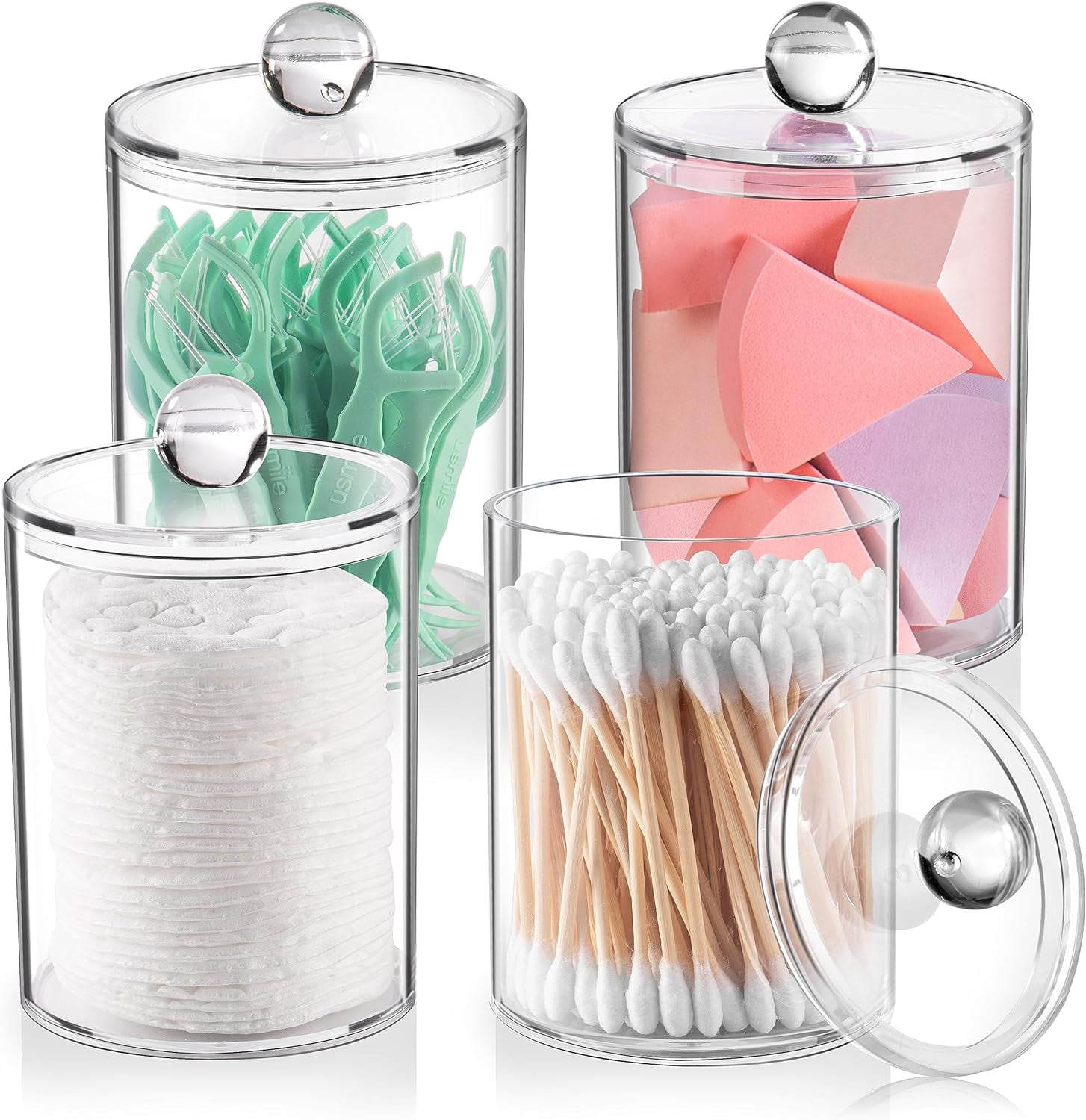 4 Pack Qtip Holder, Apothecary Jars Cotton Ball Holder Dispenser ...