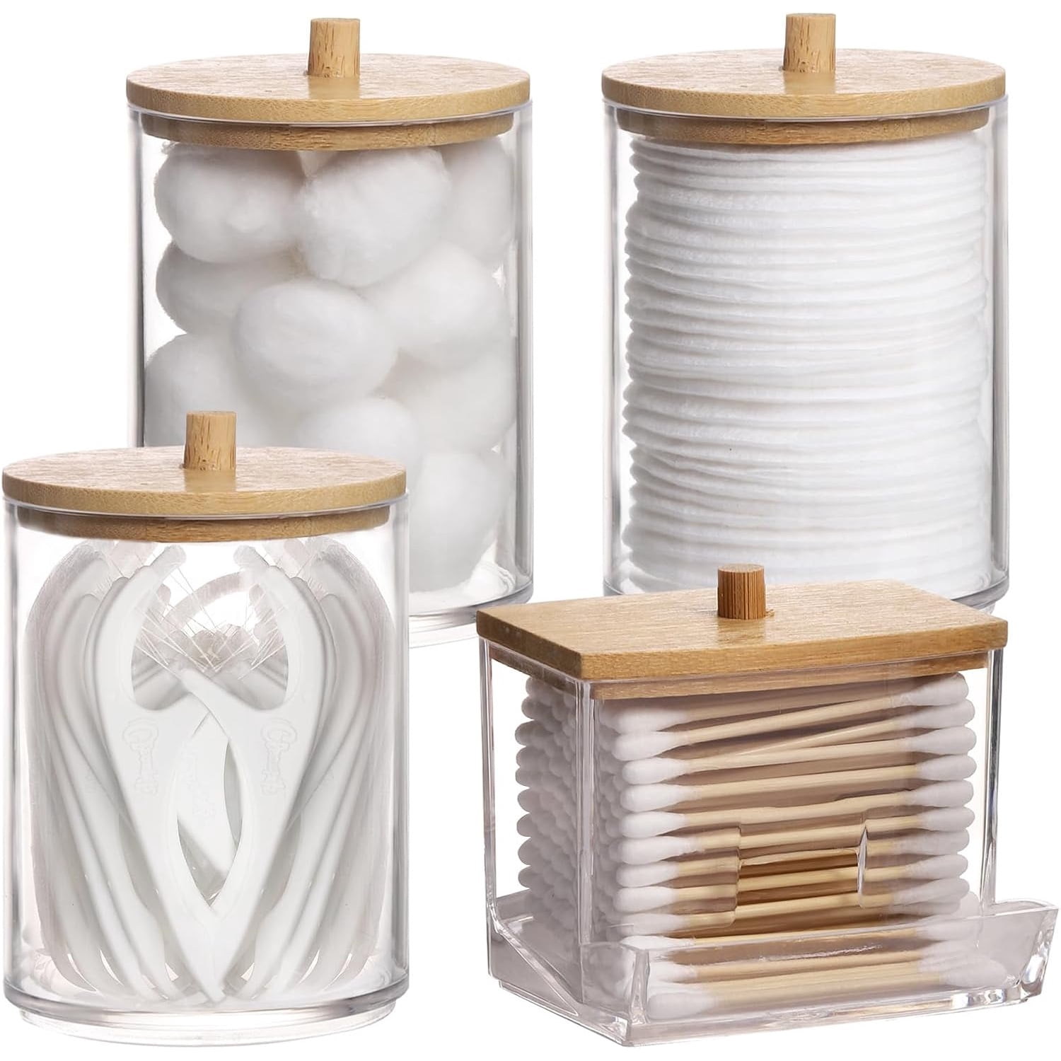 4 Pack Qtip Holder Bathroom Container, 10/7oz Cotton Ball/Swabs Dispenser, Apothecary Jar with Bamboo Lids for Organizer and Storage (Beige)