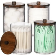 4 Pack Qtip Holder Bathroom Set, 10 oz Restroom Bathroom Organizers and Storage Containers, Clear Plastic Apothecary Jars with Wood Lids for Cotton Ball, Cotton Swab, Floss