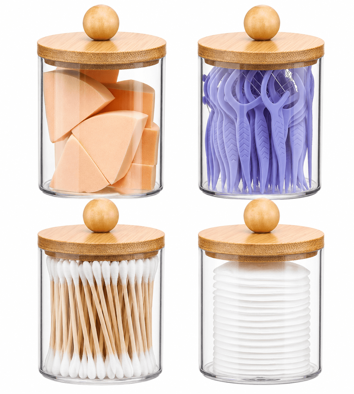 HBlife, Qtip Holder Dispenser, 10 oz, Pack of 4 with Bamboo Lids