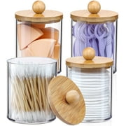 HBlife 4 Pack Qtip Holder Dispenser with Bamboo Lids - Clear Plastic Apothecary Jar for Makeup Storage - Bathroom Set