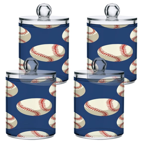 4 Pack Qtip Holder Dispenser Baseball on Blue Clear Plastic Storage Apothecary Jars for Cotton Swabs Balls Pads Floss