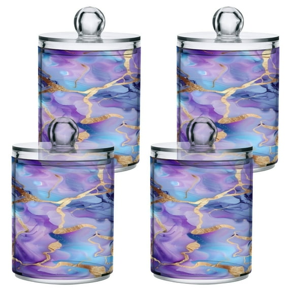 4 Pack Qtip Holder Dispenser Blue Purple Marble Clear Plastic Storage Apothecary Jars for Cotton Swabs Balls Pads Floss