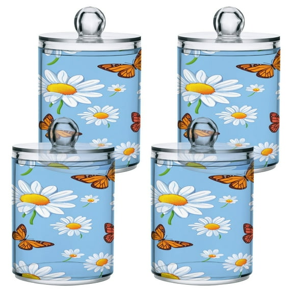 4 Pack Qtip Holder Dispenser Butterfly Flying in Daisy Sea Clear Plastic Storage Apothecary Jars for Cotton Swabs Balls Pads Floss