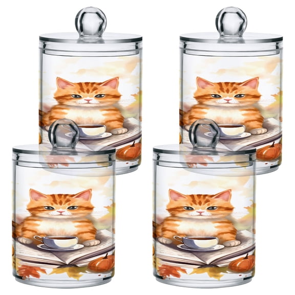 4 Pack Qtip Holder Dispenser Cat on Book Clear Plastic Storage Apothecary Jars for Cotton Swabs Balls Pads Floss