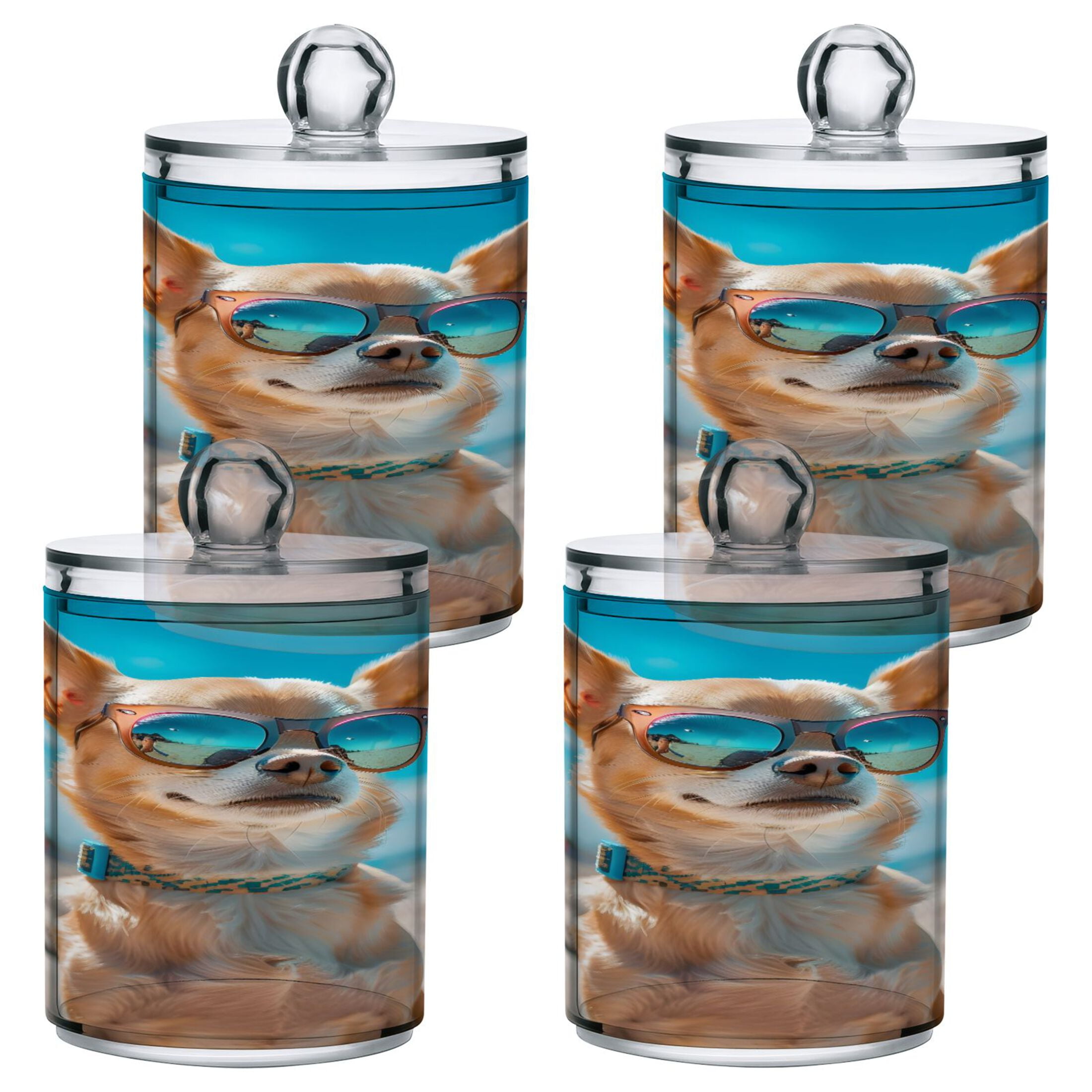 4 Pack Qtip Holder Dispenser Chihuahua Dog with Sunglasses Clear Plastic Storage Apothecary Jars for Cotton Swabs Balls Pads Floss