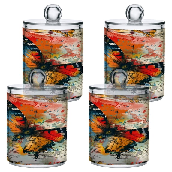 4 Pack Qtip Holder Dispenser Colorful Butterfly on Book Clear Plastic Storage Apothecary Jars for Cotton Swabs Balls Pads Floss