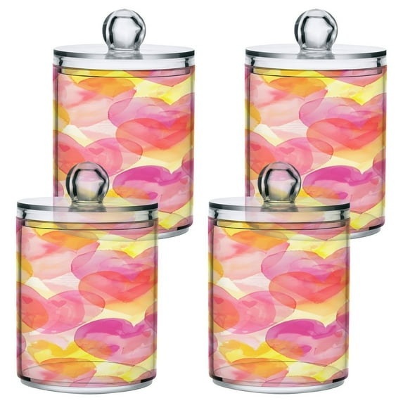 4 Pack Qtip Holder Dispenser Colorful Heart Outline Clear Plastic Storage Apothecary Jars for Cotton Swabs Balls Pads Floss
