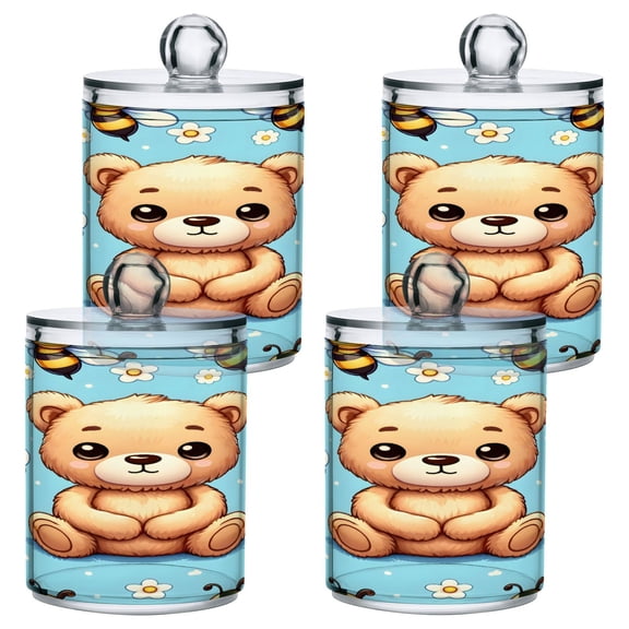4 Pack Qtip Holder Dispenser Cute Bear and Bee Clear Plastic Storage Apothecary Jars for Cotton Swabs Balls Pads Floss