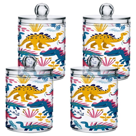 4 Pack Qtip Holder Dispenser Cute Funny Dinosaurs Clear Plastic Storage Apothecary Jars for Cotton Swabs Balls Pads Floss