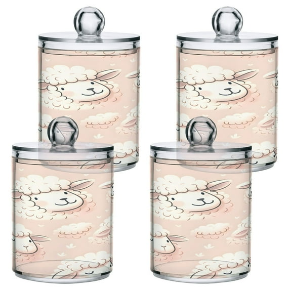 4 Pack Qtip Holder Dispenser Cute Sheep Head Clear Plastic Storage Apothecary Jars for Cotton Swabs Balls Pads Floss