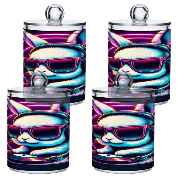 4 Pack Qtip Holder Dispenser Dj Rabbit with Neon Sunglasses Clear Plastic Storage Apothecary Jars for Cotton Swabs Balls Pads Floss