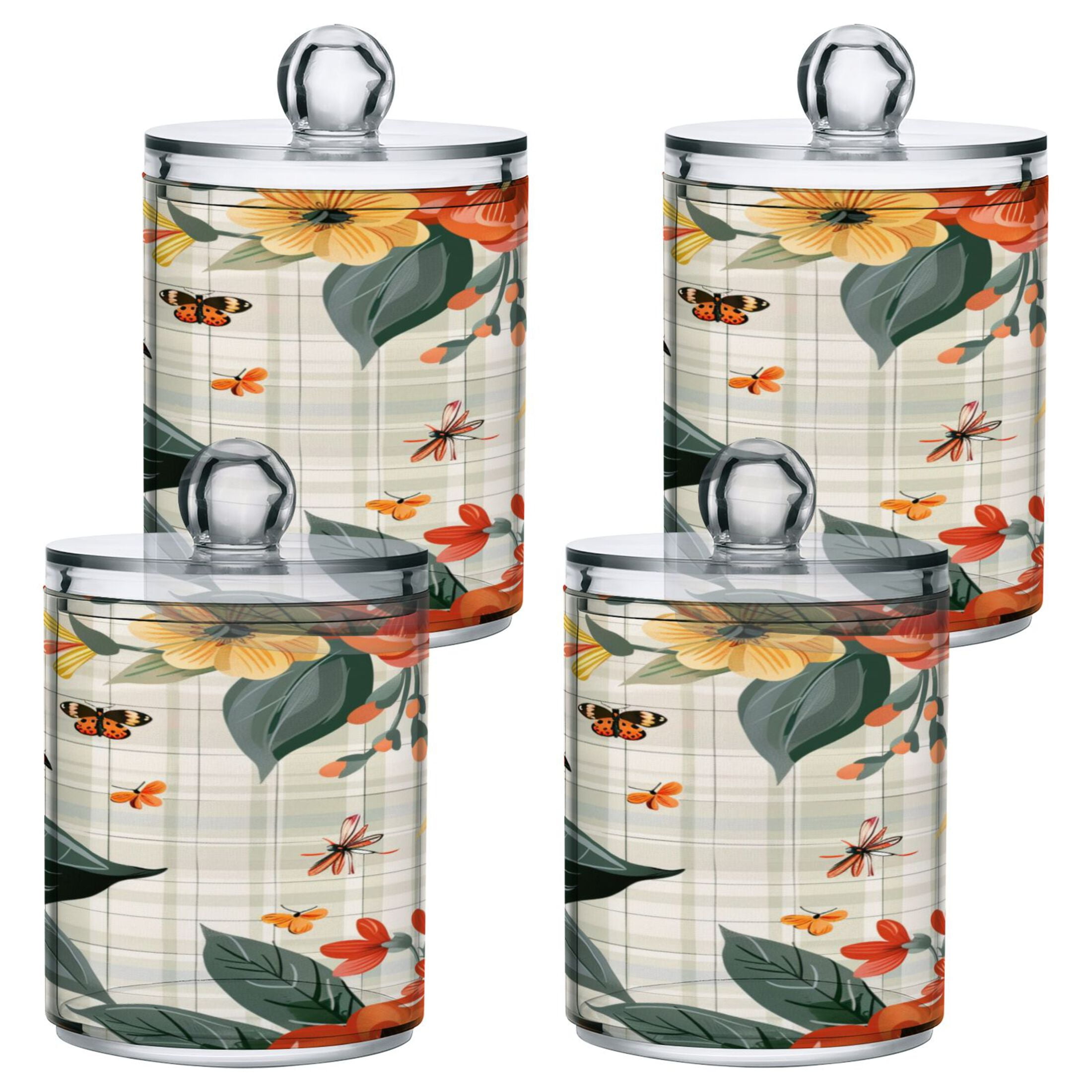 4 Pack Qtip Holder Dispenser Flowers and Insects Clear Plastic Storage ...