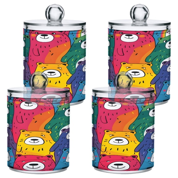 4 Pack Qtip Holder Dispenser Funny Colorful Bears Clear Plastic Storage Apothecary Jars for Cotton Swabs Balls Pads Floss