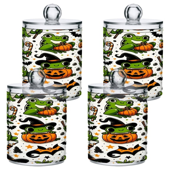 4 Pack Qtip Holder Dispenser Halloween Frogs Pumpkin Candy Clear Plastic Storage Apothecary Jars for Cotton Swabs Balls Pads Floss