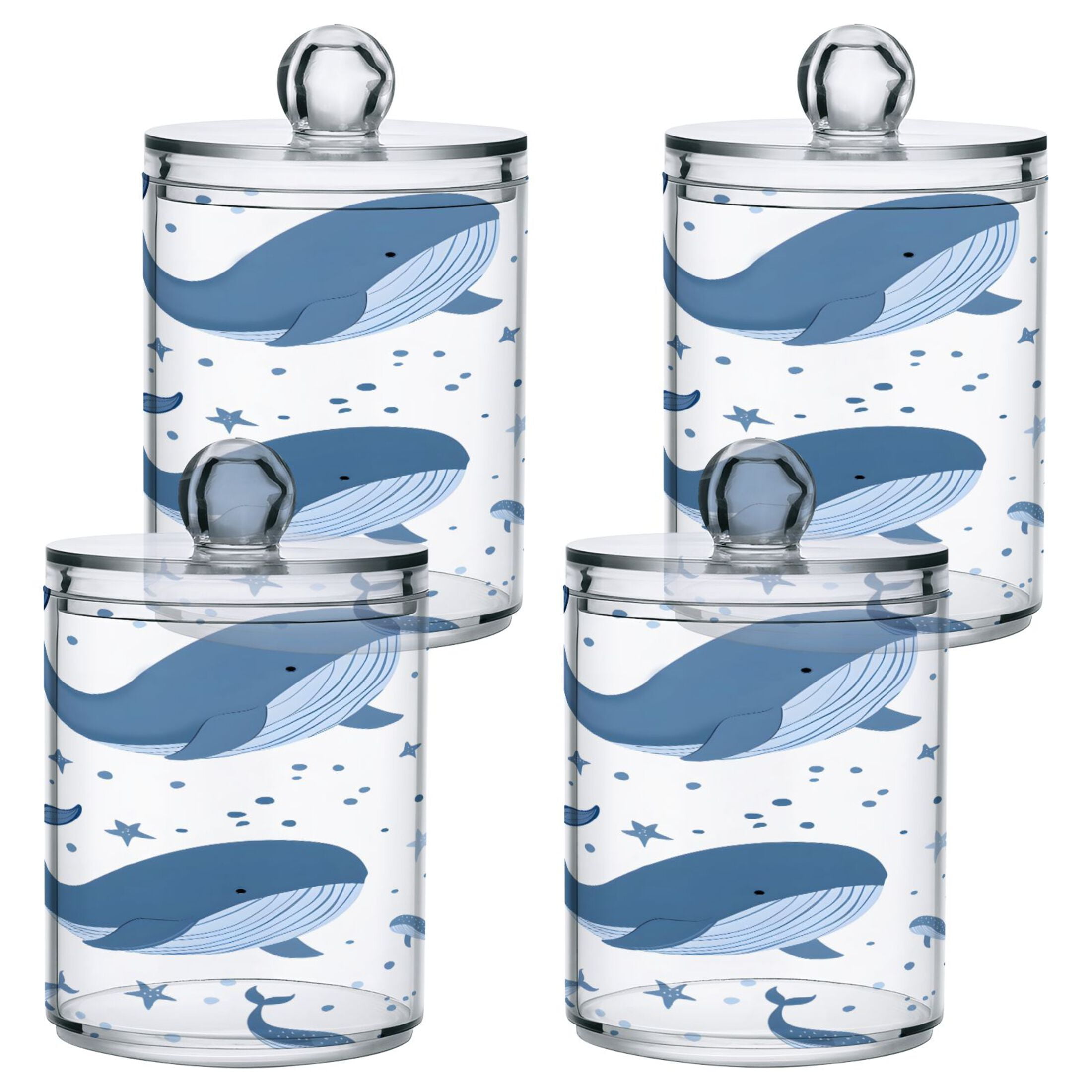 2-Pack Funny Whale Q-Tip & Cotton Ball Holders - Clear Plastic Apothecary Jars For Bathroom Organization