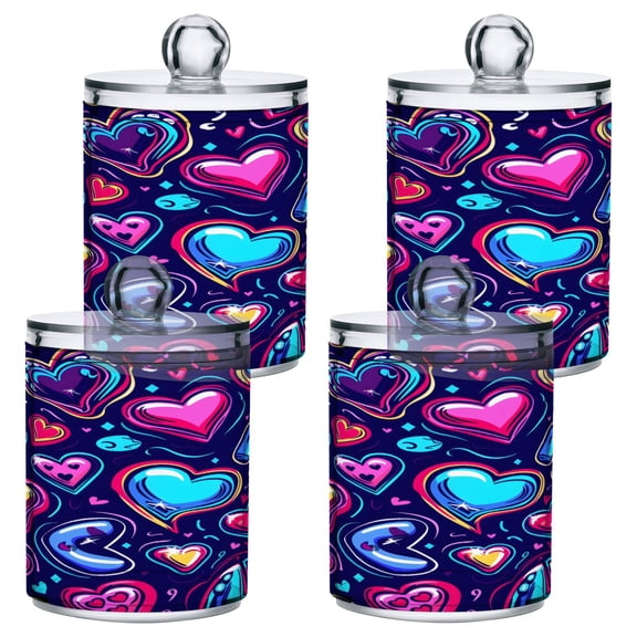 4 Pack Qtip Holder Dispenser Neon Funny Cartoon Hearts Clear Plastic Storage Apothecary Jars for Cotton Swabs Balls Pads Floss