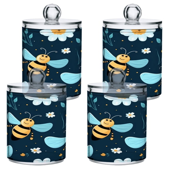 4 Pack Qtip Holder Dispenser Rejoice Bee with Flower Clear Plastic Storage Apothecary Jars for Cotton Swabs Balls Pads Floss
