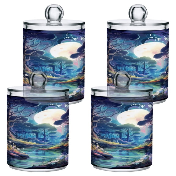 4 Pack Qtip Holder Dispenser River Through Forest Clear Plastic Storage Apothecary Jars for Cotton Swabs Balls Pads Floss