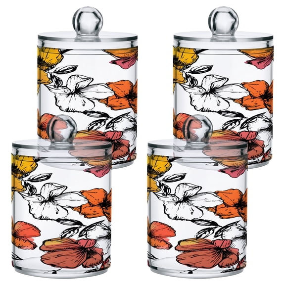 4 Pack Qtip Holder Dispenser Summer Floral Flower Clear Plastic Storage Apothecary Jars for Cotton Swabs Balls Pads Floss