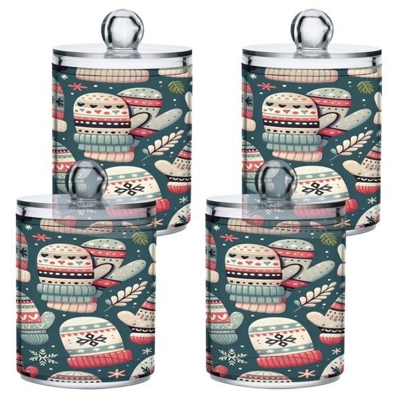 4 Pack Qtip Holder Dispenser Winter Mittens and Snow Clear Plastic Storage Apothecary Jars for Cotton Swabs Balls Pads Floss