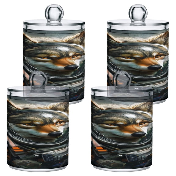 4 Pack Qtip Holder Dispenser Wolf Astronauts Clear Plastic Storage Apothecary Jars for Cotton Swabs Balls Pads Floss