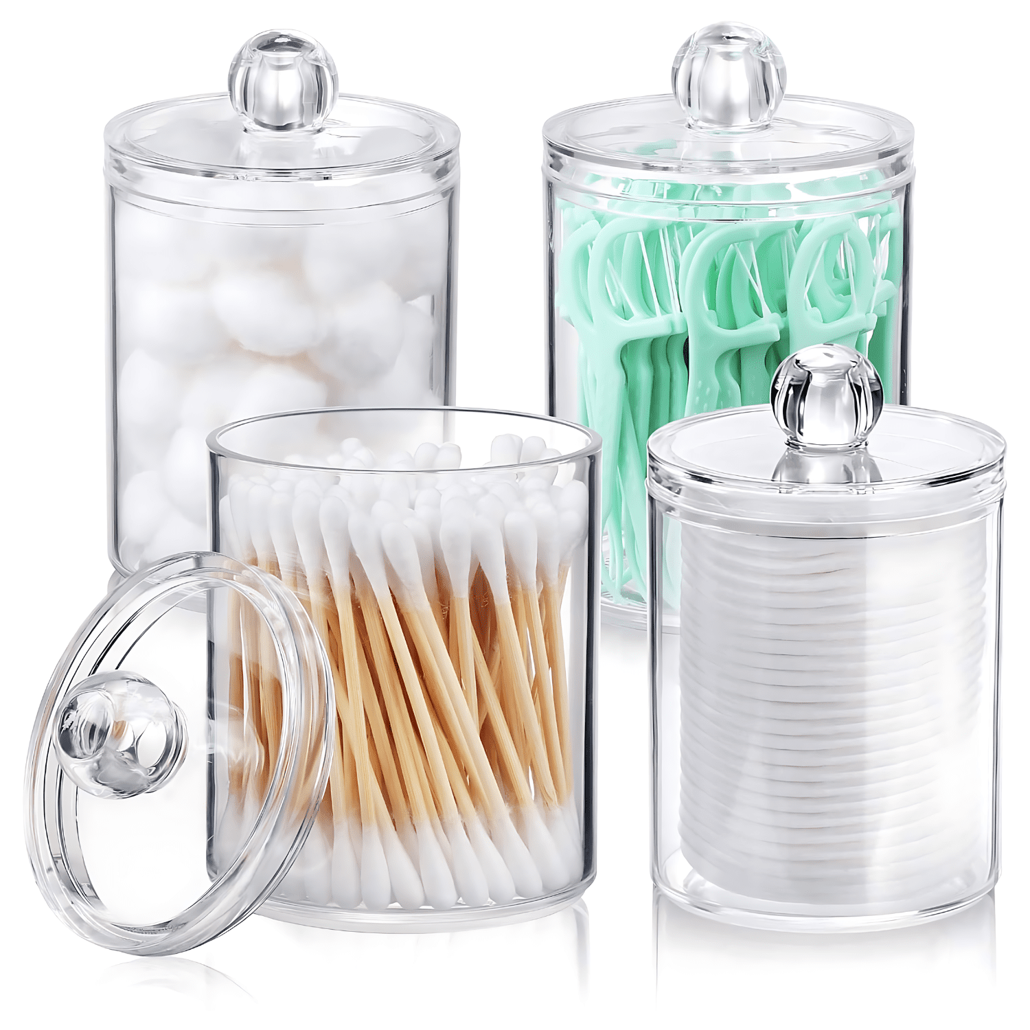 4 Pack Qtip Holder - Restroom Bathroom Organizers and Storage Containers,- 10 oz Clear Plastic Apothecary Jars set with Lids for Cotton Ball, Cotton Swab, Cotton Round Pads, Floss