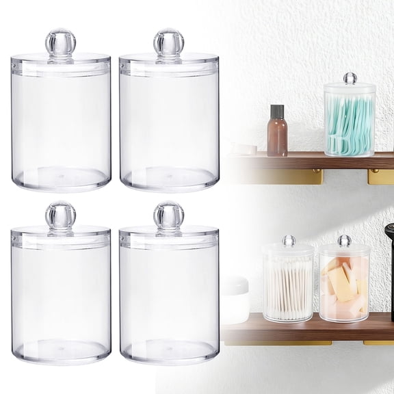 4 Pack Qtips Holder Bathroom Container, Cotton /Swabs Dispenser Wood /Plastic Lids, Clear Plastic Apothecary Jar Containers for Vanity Makeup Organizer Storage - Bathroom Accessories Set