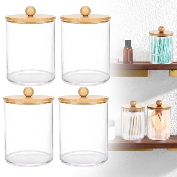 4 Pack Qtips Holder Bathroom Container, Cotton /Swabs Dispenser Wood /Plastic Lids, Clear Plastic Apothecary Jar Containers for Vanity Makeup Organizer Storage - Bathroom Accessories Set