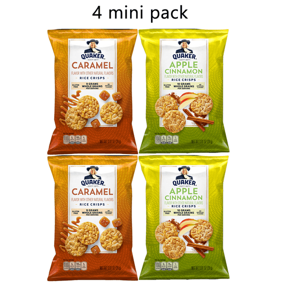 4 Pack Quaker Rice Crisps with Caramel & Apple Cinnamon Flavors, Gluten Free, 0.91 Oz Per Pack